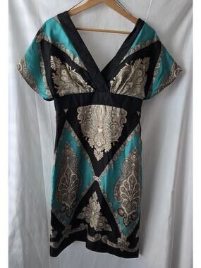 Phoebe Couture Front & Back V-Neck Empire Waist Paisley Dress Teal Black Size 8